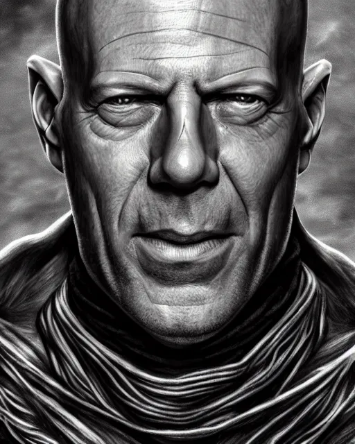 Image similar to face-centred portrait of Bruce Willis in lord of the rings movie , body covered in elfish tattoos , open magic book glowing, D&D, fantasy, highly detailed, digital art, fantasy illustration, trending on artstation, smooth, sharp focus, illustration, art by artgem and ROBERT HYNES