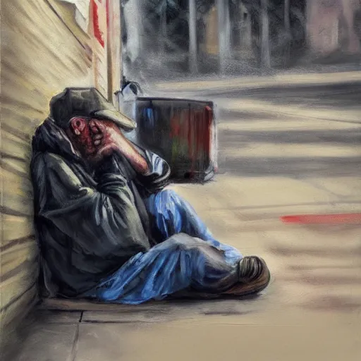 Image similar to homeless man streaming, expressive oil painting, digital art, matte art