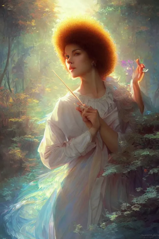 Image similar to bob ross, dreamy and ethereal,, fantasy, intricate, elegant, rainbow bubbles, highly detailed, digital painting, artstation, concept art, smooth, sharp focus, illustration, art by artgerm and greg rutkowski and alphonse mucha