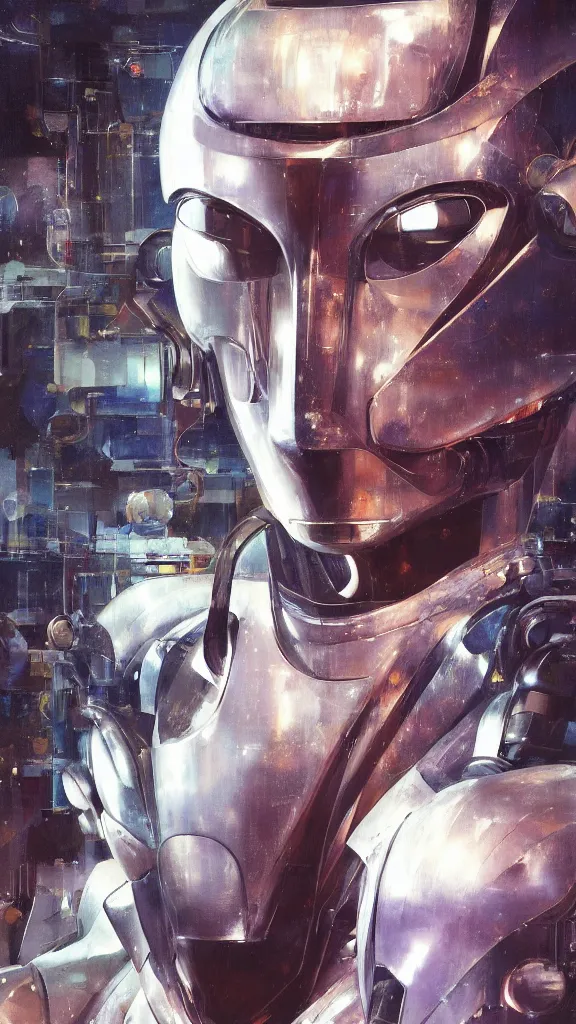 Image similar to a portrait of cyber - dog of sci fi metallic human by yoji shinkawa bright eyes, melancholic complex geometric figure liminal machinery by oskar schlemmer, moebius, john berkey, film grain, oil on canvas, portrait facial head, featured on artstation, hd wallpaper, 8 k