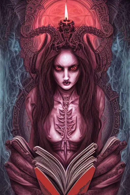 Prompt: ai illustration of demoness and her book of necronomicon, symmetrical, cinematic, sharp focus, 4 k, ultra hd, sense of awe, sinister demonic atmosphere, dreadful, forbidden knowledge, old gods. demonology journal cover