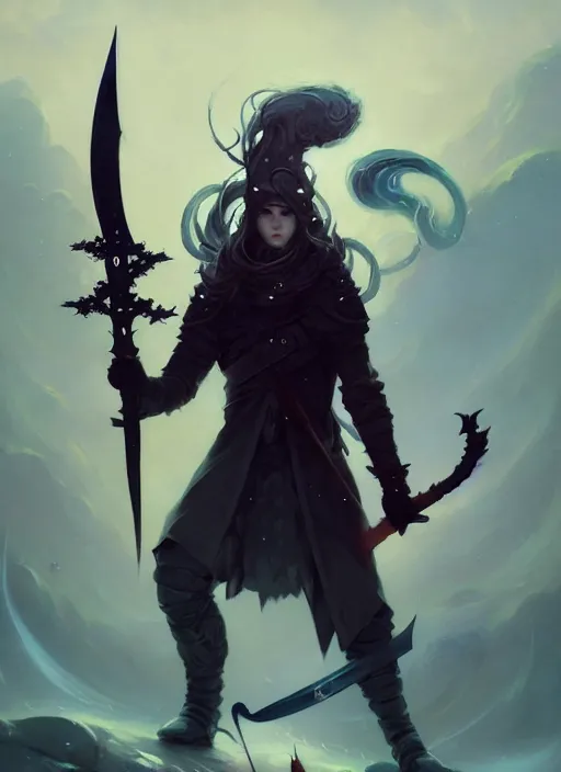 Image similar to full body picture of an legendary blader, holding a ego sword to the camera, long black jacket, intricate, masterpiece, epic fantasy illustrations by peter mohrbacher and anato finnstark and jeremy lipking