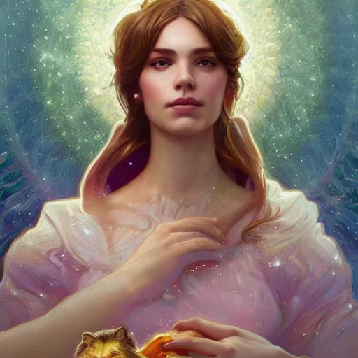 Image similar to portrait of garfield, dreamy and ethereal, fantasy, intricate, elegant, rainbow bubbles, highly detailed, digital painting, artstation, concept art, smooth, sharp focus, illustration, art by artgerm and greg rutkowski and alphonse mucha