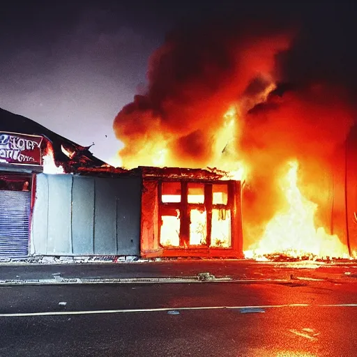 Prompt: vegetables store house in flames, realistic, night photo