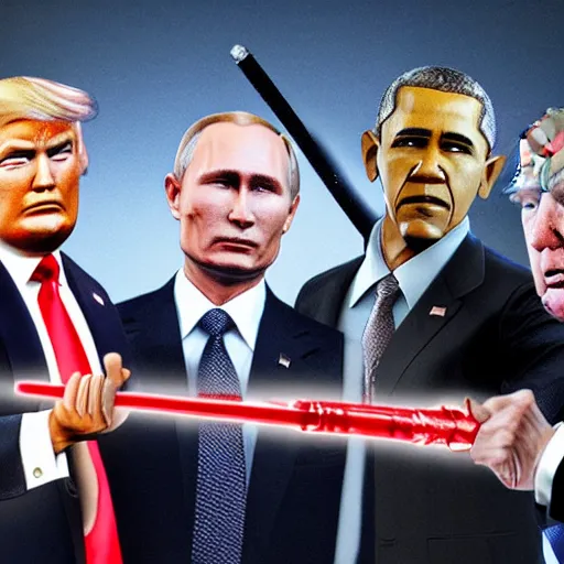 Prompt: photo of putin, trump, obama and bush having a lightsaber fight, figurine