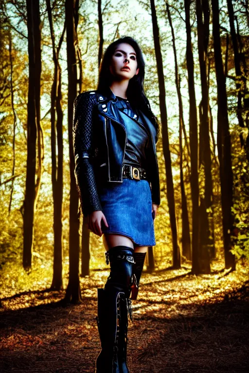 Prompt: hyperrealistic mithra young girl in her 20s intricate knee high black boots and leather jacket in a forest sun behind her concept art eric zener elson peter cinematic blue light low angle hd 8k sharp shallow depth of field