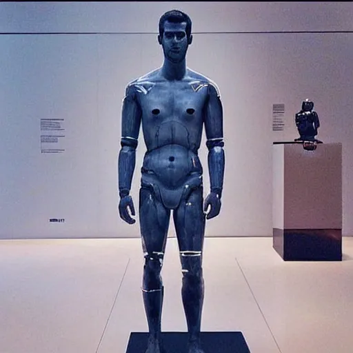 Image similar to “ a realistic detailed photo of a guy who is an attractive humanoid who is half robot and half humanoid, who is a male android, actor liam hemsworth, shiny skin, posing like a statue, blank stare, at the museum, on display ”