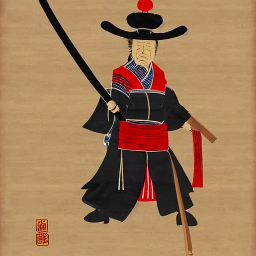 Prompt: donald trump dressed as a samurai holding a katana in a japanese edo period ink block painting, 4 k, hyper realistic, dslr, high resolution, landscape, beautiful