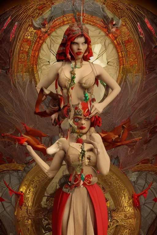 Image similar to zoom in 3 d render of demon with red face in church holding birds, ornaments, mucha vibe, dieselpunk, solarpunk, artstation, andrei riabovitchev