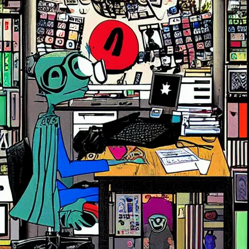 Image similar to goth nerd sitting at a computer in a cluttered room, by jamie hewlett, jamie hewlett art, gorillaz art aesthetic,