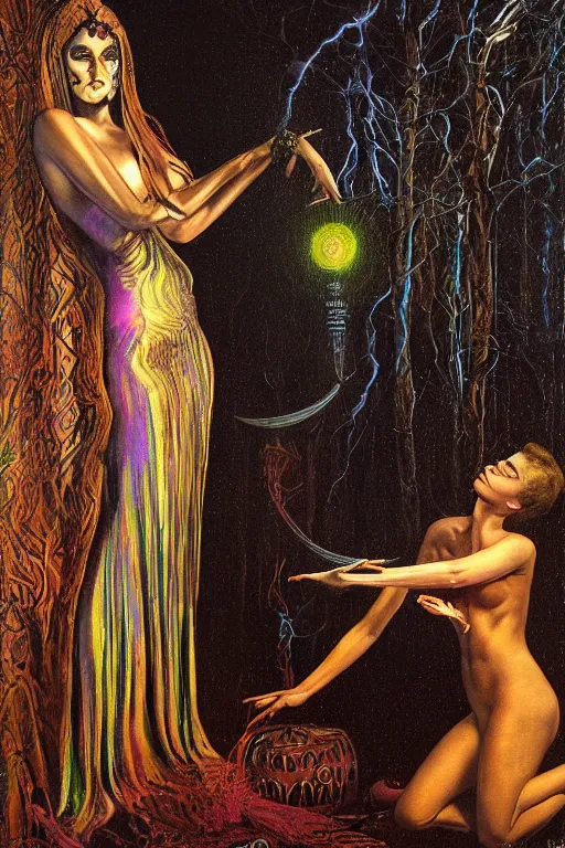 Prompt: mysterious intriguing woman performing third eye ritual, dark theme night time, expanding electric energy waves into the ethereal realm, epic surrealism 8k oil painting, realism portrait, perspective, high definition, post modernist layering, by Ernst Fuchs, Gerald Brom