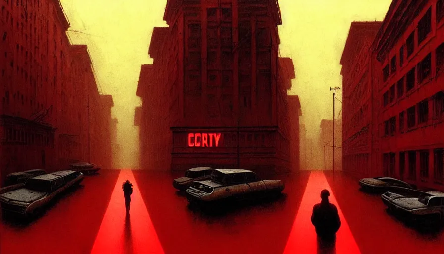 Image similar to only with red, soviet communism horror city apocalyptic atmosphere with soviet flag, in the style of beksinski, by edward hopper and rodcenko and yue minjun and cory loftis, intricate and epic composition, red by caravaggio, highly detailed, masterpiece, red light, artstation, art nouveau