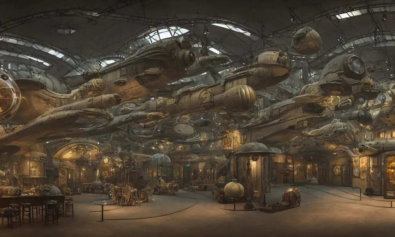 Prompt: exhibition hall of a dieselpunk museum of renaissance full of glass showcases with incredibly detailed dioramas of aliens and spaceships, fused into epoxide, high detail, render in unreal engine 5