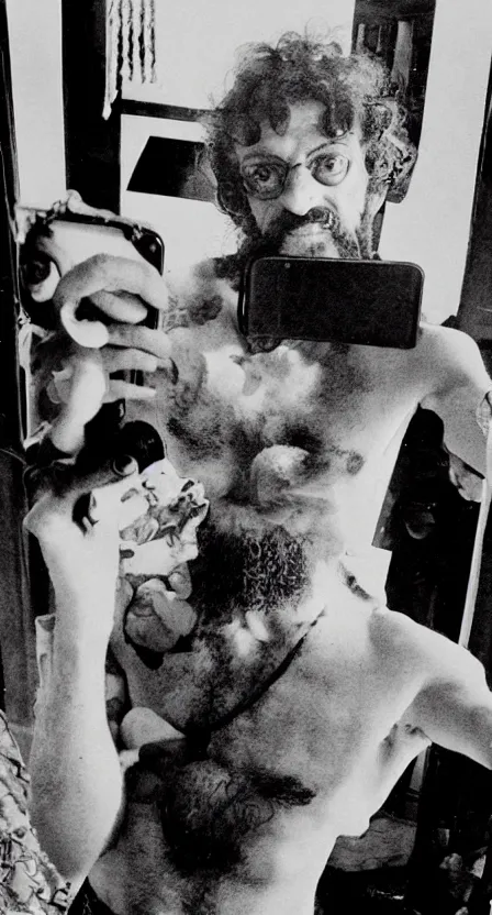 Prompt: Terence McKenna with his shirt off mirror selfie