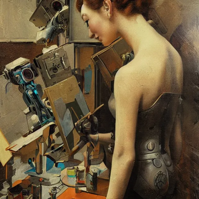 Prompt: robot artist painting a self - portrait on a canvas. intricate, highly detailed, digital matte painting, in the style of alexandros pyromallis, and in the style of boris groh, and in the style of hans thoma, and in the style of gil elvgren. irony, recursion, inspiration.