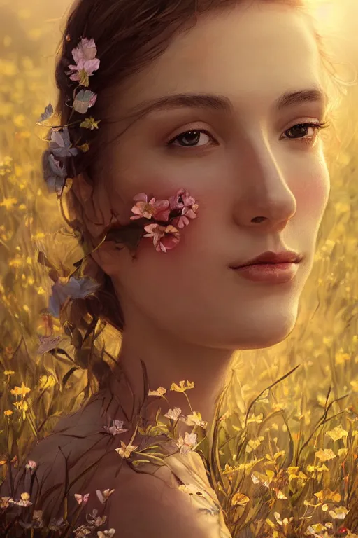 Image similar to stunningly beautiful, prima ballerina in flowery meadow, symmetrical face, golden hour, smooth, focus, highly detailed, hyper realistic, dramatic lighting, elegant, intricate, concept art, art by wlop, mars ravelo, greg rutowski, artstation