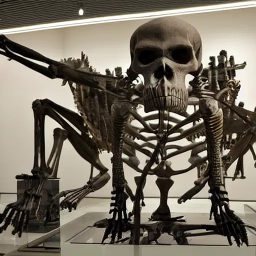 Prompt: skeleton of King Kong on display at a museum