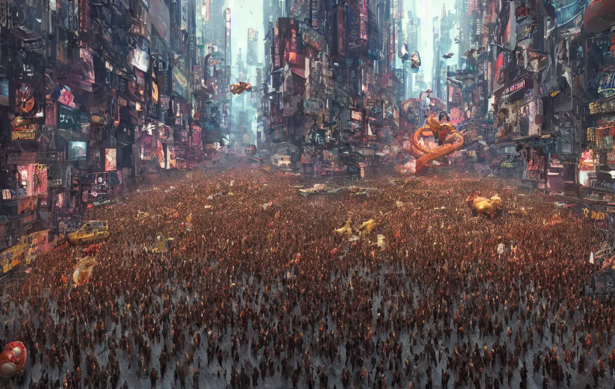 Image similar to photograph a crowd of people connected to a mammoth algorithm machine. new york thanksgiving parade by shaun tan, slim aarons, zhang kechun, national geographic. octane render. in the style of the fifth element, cyberpunk 2 0 4 9.