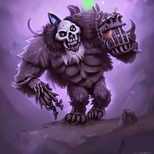 Image similar to cute fluffy animal skeleton creatures. blizzard warcraft animal creatures, graveyard background, bright art masterpiece artstation. 8k, sharp high quality artwork in style of Jose Daniel Cabrera Pena and Leonid Kozienko, violet theme, concept art by Tooth Wu, hearthstone card game artwork