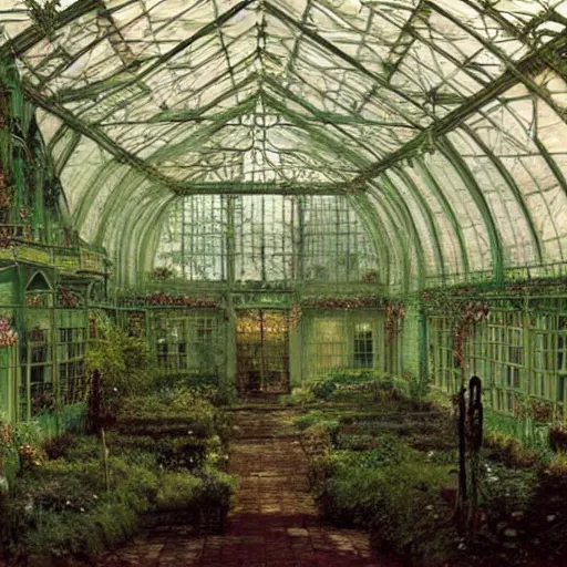 Image similar to a beautiful painting of a large overgrown victorian greenhouse with an eerie green translucent ghost and with large windows, warm lights, evening, stunningly beautiful architecture, by john atkinson grimshaw