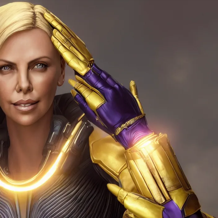 Image similar to portrait of ((Charlize Theron)), wearing The Infinity Gauntlet. SNAP. intricate artwork. octane render, trending on artstation, very coherent symmetrical artwork. thanos. thanos. cinematic, hyper realism, high detail, octane render, 8k, iridescent accents