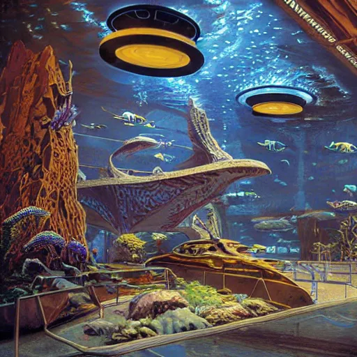 Image similar to painting of syd mead artlilery scifi aquarium with ornate metal work lands in country landscape, filigree ornaments, volumetric lights, simon stalenhag