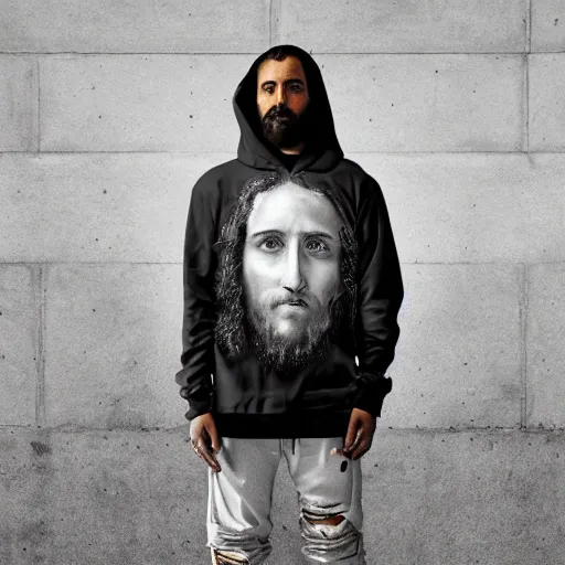 Image similar to portait of jesus in virgil abloh hoodie streetwear by nicola samori, off - white style