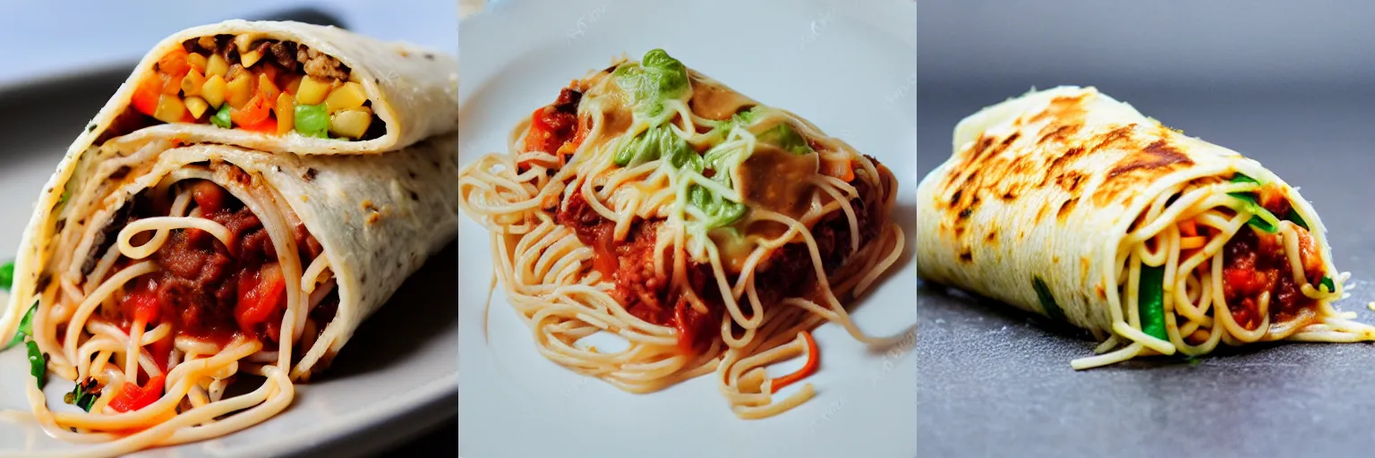 Prompt: <photograph style=delicious>Spaghetti Burrito</photograph>