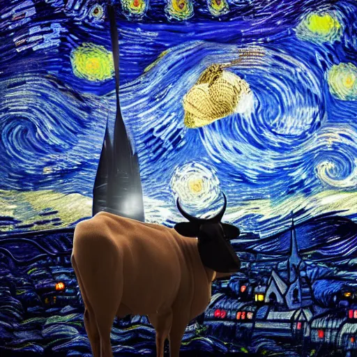 Image similar to a detailed matte painting of a cow wearing a witch hat, viewed in profile, glowing moths and fog in the background, starry night, black and blue color scheme with gold highlights, in the style of discworld and harry potter, 8 k, octane render