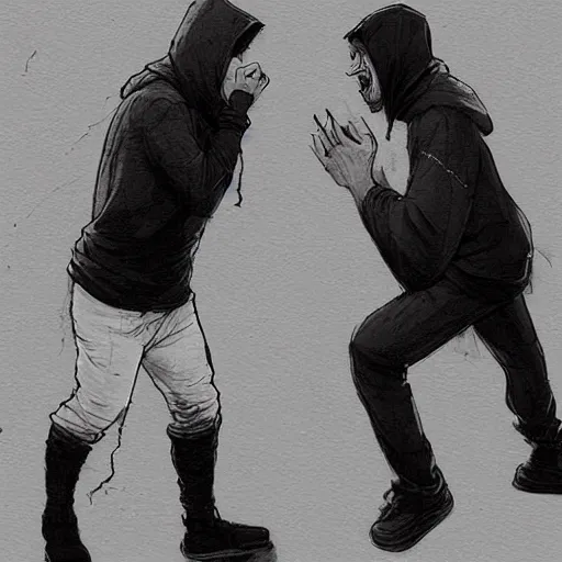 Prompt: a man in a white hoodie fighting a man in a black hoodie, vintage comic, greg rutkowski