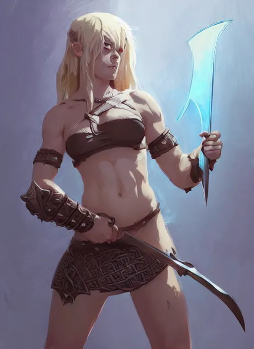 Image similar to portrait of cute muscular warrior girl cowered in celtic tattoos, dressed in armor bikini, holding a sword, dark fantasy, by atey ghailan, by greg rutkowski, by greg tocchini, by james gilleard, by joe gb fenton, by kaethe butcher, dynamic lighting, gradient light blue, brown, blonde cream and white color in scheme, grunge aesthetic