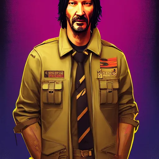 Image similar to keanu reevez in the role of main character from disco elysium, game poster, digital art, by aleksander rostov, disco elysium style