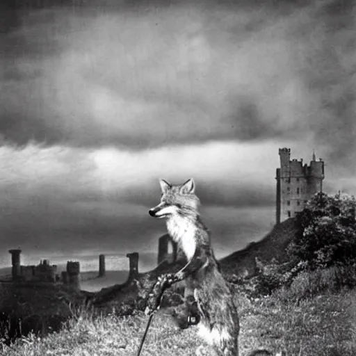 Prompt: anthropomorphic fox!! who is a medieval knight holding a swo - rd towards a stormy thunderclo - ud [ 1 9 3 0 s film still ], ( castle in the background )