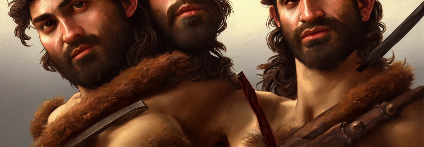 Prompt: renaissance upper body portrait of a gruff ranger with a spear, Persian, lean and toned, handsome face, hairy chest, D&D, intricate, elegant, highly detailed, digital painting, artstation, concept art, matte, sharp focus, illustration, art by da Vinci, Artgerm and Greg Rutkowski and Alphonse Mucha