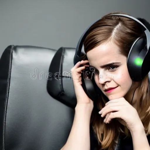 Image similar to emma watson wearing a gaming headset photo sitting on gaming chair stock photo