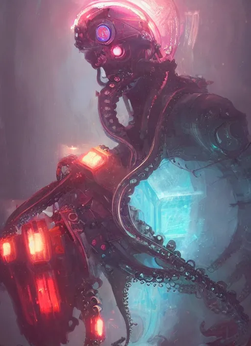 Image similar to An octopus wearing medieval knights armor, cyberpunk, neon, intricate, elegant, digital painting, concept art, smooth, sharp focus, illustration, by Ruan Jia and Mandy Jurgens and Artgerm and William-Adolphe Bouguerea