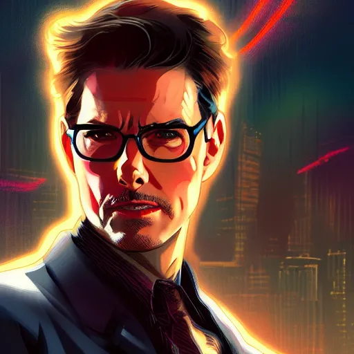 Image similar to Tom Cruise as an intense Tony Stark, ambient lighting, 4k, alphonse mucha, lois van baarle, ilya kuvshinov, rossdraws, artstation