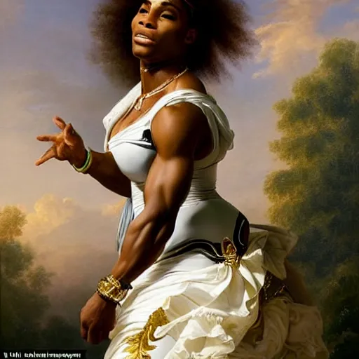 Image similar to Full body Portrait of Serena Williams as Nike Goddess, large wings, luxuriant, dreamy, eternity, romantic, strong pose, highly detailed, in the style of Franz Xaver Winterhalter, highly detailed, in the style of Aetherpunk