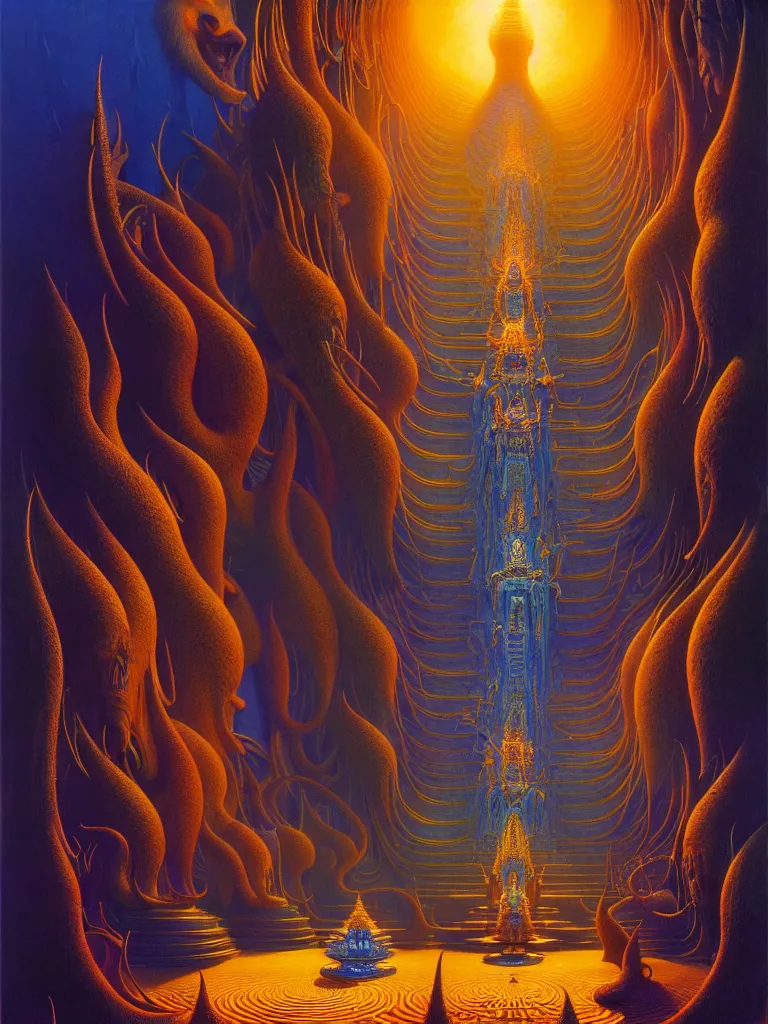 Prompt: a dmt blue and golden entity thai architecture, tim hildebrandt, wayne barlowe, bruce pennington, donato giancola, trending on artstation, cinematic composition, beautiful lighting, hyper detailed, 8 k, oil on canvas