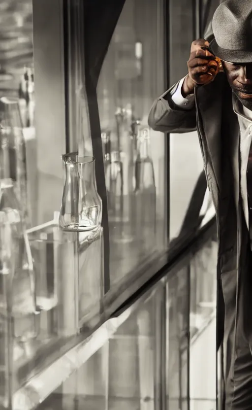 Prompt: a black detective wearing a dark gray fedora, trench coat and suit, holding a shot glass of whiskey, leaning on a dark wood bar near a window, dramatic lighting.