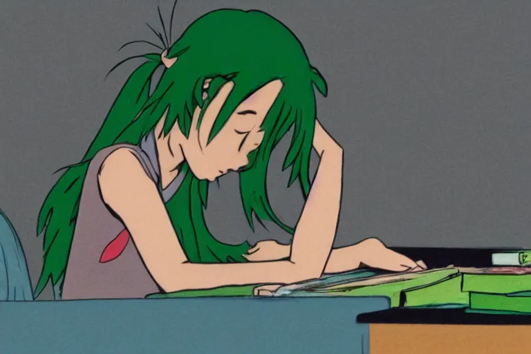 Image similar to a girl with green hair crying at her desk in the style of Tsuguharu Fujita