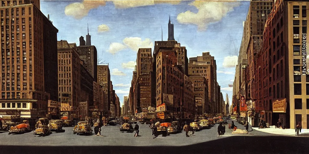 Prompt: a New York City street in 1940 by Caravaggio