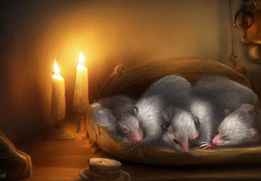 Image similar to cute possum sleeping inside a bed in a dark medieval cluttered cottage at night under the dim light of a candle, dark fantasy, dreaming illusion, trending on artstation