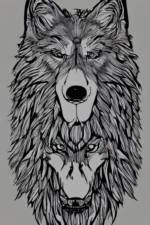 Image similar to Psychotic crisis portrait of a wolf head. very detailed, simple lines, lineart