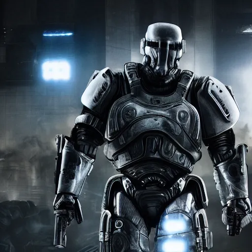 Image similar to kanye west as ( ( robocop ) ) in gears of war, splash art, movie still, cinematic lighting, detailed face, dramatic, octane render, long lens, shallow depth of field, bokeh, anamorphic lens flare, 8 k, hyper detailed, 3 5 mm film grain