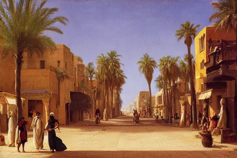 Image similar to palm tree-lined street at midnight in a very ancient very beautiful Egyptian city by Ludwig Deutsch and Rudolf Ernst, colorful tiled architecture, strong dramatic cinematic lighting, lost civilizations, smooth, sharp focus, extremely detailed