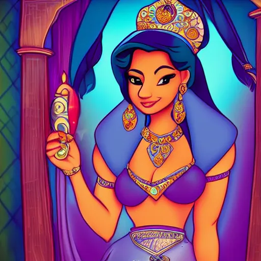 Prompt: princess jasmine as an instagram influencer, tattoos, photorealism, high detail,