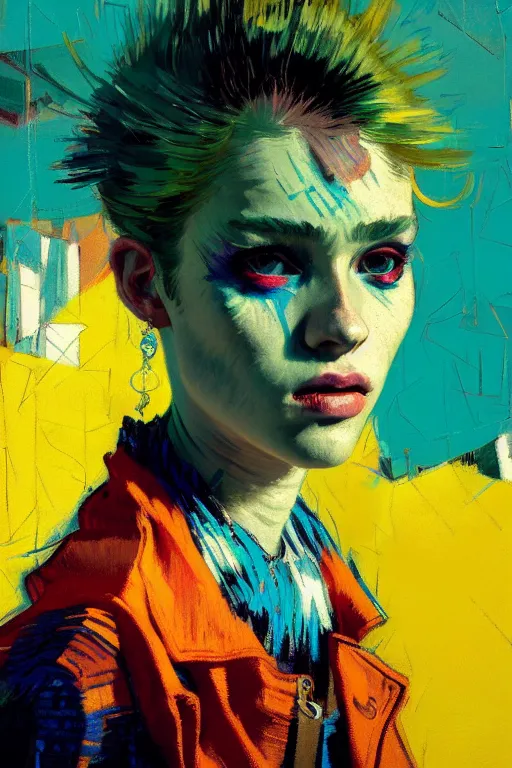 Prompt: portrait of a beautiful punk girl, complementary colors, beautiful face, rule of thirds, intricate outfit, spotlight, by greg rutkowski, by jeremy mann, by francoise nielly, by van gogh, digital painting