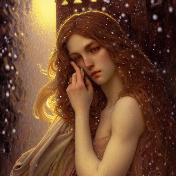 Image similar to psychedelic snowfall Jesus Christ, diffuse lighting, fantasy, intricate, elegant, highly detailed, lifelike, photorealistic, digital painting, artstation, illustration, concept art, smooth, sharp focus, art by John Collier and Albert Aublet and Krenz Cushart and Artem Demura and Alphonse Mucha