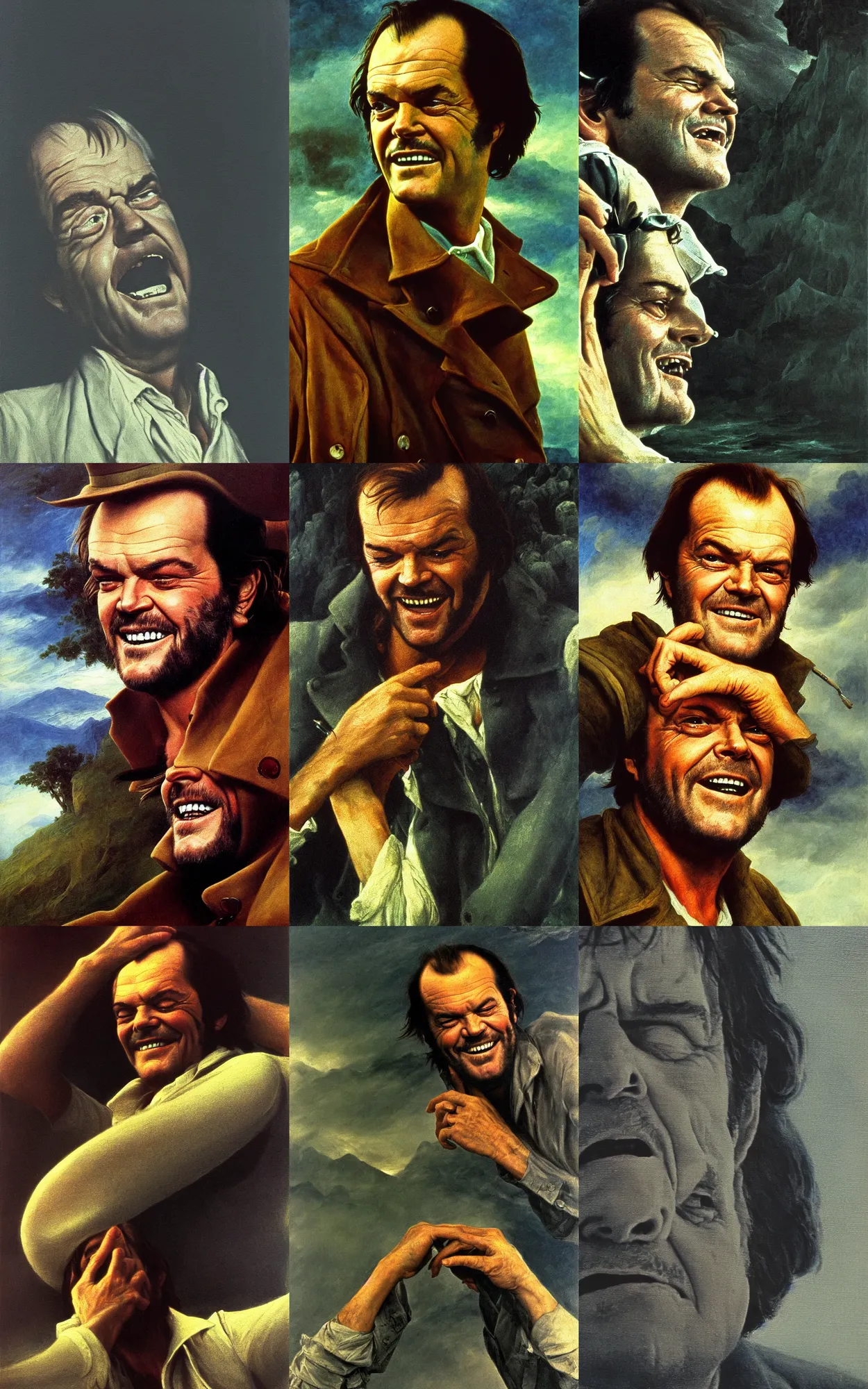 Prompt: close up of jack nicholson in one flew over the cookoos nest, painting by caspar friedrich and albert bierstadt and james gurney, 7 0 s cinestill, atmospheric, clinical, depressed, manic, bipolar